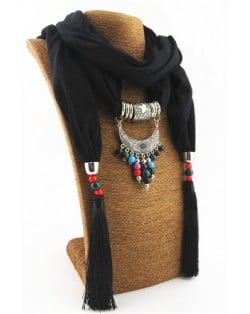 Folk Style Colorful Beads Tassel Vintage Arch Pendant Women Scarf Necklace - Black