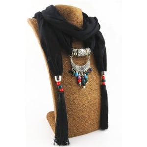Folk Style Colorful Beads Tassel Vintage Arch Pendant Women Scarf Necklace - Black