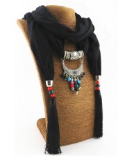 Folk Style Colorful Beads Tassel Vintage Arch Pendant Women Scarf Necklace - Black