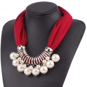 Elegant Pearl Pendant Women Short Style Graceful Fashion Scarf Necklace - Red