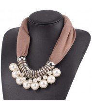 Elegant Pearl Pendant Women Short Style Graceful Fashion Scarf Necklace - Brown