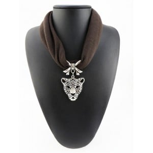 Leopard Head Pendant High Fashion Short Cool Style Women Scarf Necklace - Coffee