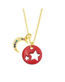 Star and Moon Combo Colorful Fashion Oil-spot Glazed Wholesale Costume Necklace - Red