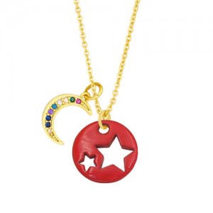 Star and Moon Combo Colorful Fashion Oil-spot Glazed Wholesale Costume Necklace - Red