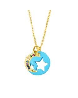 Star and Moon Combo Colorful Fashion Oil-spot Glazed Wholesale Costume Necklace - Blue