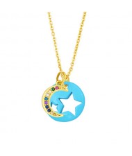 Star and Moon Combo Colorful Fashion Oil-spot Glazed Wholesale Costume Necklace - Blue