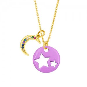 Star and Moon Combo Colorful Fashion Oil-spot Glazed Wholesale Costume Necklace - Purple