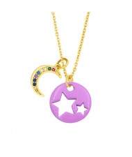 Star and Moon Combo Colorful Fashion Oil-spot Glazed Wholesale Costume Necklace - Purple