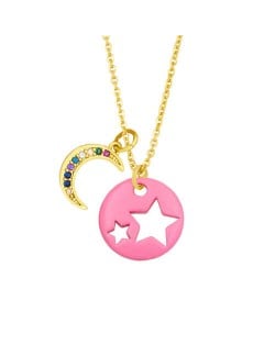 Star and Moon Combo Colorful Fashion Oil-spot Glazed Wholesale Costume Necklace - Pink