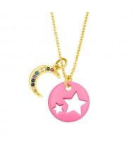 Star and Moon Combo Colorful Fashion Oil-spot Glazed Wholesale Costume Necklace - Pink
