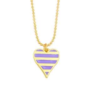 Enamel Striped Heart Pendant 18K Gold Plated Wholesale Costume Necklace - Purple