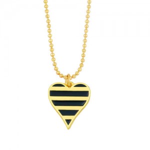 Enamel Striped Heart Pendant 18K Gold Plated Wholesale Costume Necklace - Black