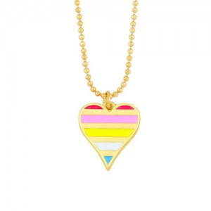Enamel Striped Heart Pendant 18K Gold Plated Wholesale Costume Necklace - Multicolor