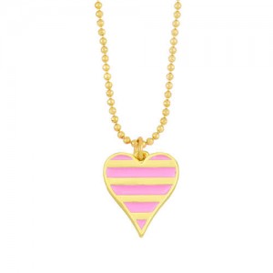 Enamel Striped Heart Pendant 18K Gold Plated Wholesale Costume Necklace - Pink
