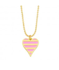 Enamel Striped Heart Pendant 18K Gold Plated Wholesale Costume Necklace - Pink