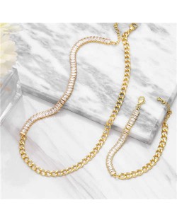 Cubic Zirconia Decorated 18K Golden Chain Minimalist Fashion Necklace and Bracelet Set