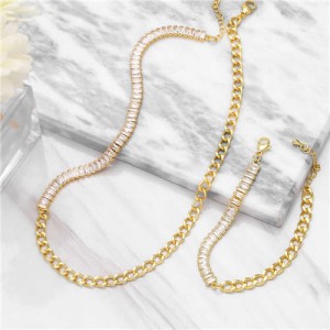 Cubic Zirconia Decorated 18K Golden Chain Minimalist Fashion Necklace and Bracelet Set