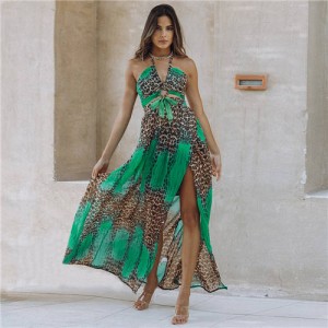 Leopard Embellished U.S. and European Fashion Wholesale Summer Women Long Style Dress - Green