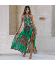 Leopard Embellished U.S. and European Fashion Wholesale Summer Women Long Style Dress - Green