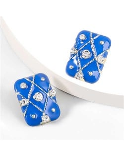 British Style Rhinestone Insert Oil-spot Glaze Square Women Stud Earrings - Blue