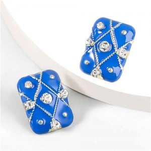 British Style Rhinestone Insert Oil-spot Glaze Square Women Stud Earrings - Blue