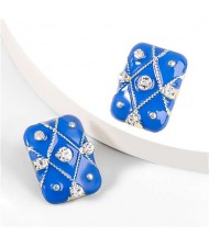 British Style Rhinestone Insert Oil-spot Glaze Square Women Stud Earrings - Blue