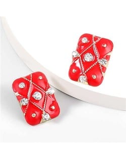 British Style Rhinestone Insert Oil-spot Glaze Square Women Stud Earrings - Red