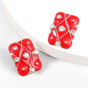 British Style Rhinestone Insert Oil-spot Glaze Square Women Stud Earrings - Red