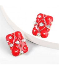 British Style Rhinestone Insert Oil-spot Glaze Square Women Stud Earrings - Red