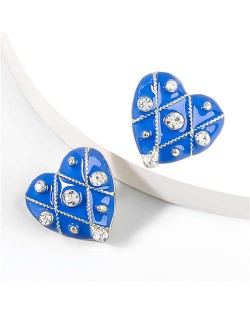 British Style Rhinestone Insert Oil-spot Glaze Peach Heart Women Stud Earrings - Blue