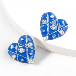 British Style Rhinestone Insert Oil-spot Glaze Peach Heart Women Stud Earrings - Blue