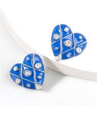 British Style Rhinestone Insert Oil-spot Glaze Peach Heart Women Stud Earrings - Blue