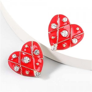 British Style Rhinestone Insert Oil-spot Glaze Peach Heart Women Stud Earrings - Red