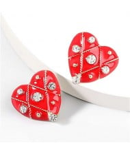 British Style Rhinestone Insert Oil-spot Glaze Peach Heart Women Stud Earrings - Red