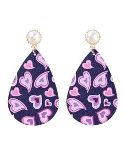Big Water Drop Shape Romantic Heart Print Women Leather Dangle Earrings - Purple