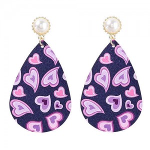Big Water Drop Shape Romantic Heart Print Women Leather Dangle Earrings - Purple