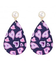 Big Water Drop Shape Romantic Heart Print Women Leather Dangle Earrings - Purple