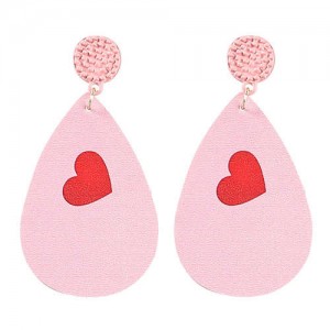 Big Water Drop Shape Romantic Heart Print Women Leather Dangle Earrings - Pink