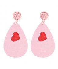 Big Water Drop Shape Romantic Heart Print Women Leather Dangle Earrings - Pink
