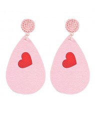 Big Water Drop Shape Romantic Heart Print Women Leather Dangle Earrings - Pink