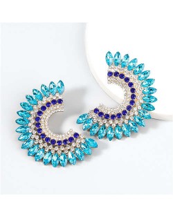 U.S. Fashion C Shape Full Rhinestone Paved Internet Celebrity Choice Party Costume Earrings - Blue