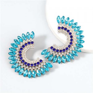 U.S. Fashion C Shape Full Rhinestone Paved Internet Celebrity Choice Party Costume Earrings - Blue