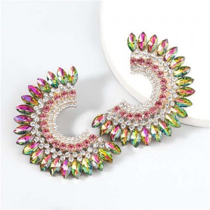 U.S. Fashion C Shape Full Rhinestone Paved Internet Celebrity Choice Party Costume Earrings - Colorful