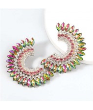 U.S. Fashion C Shape Full Rhinestone Paved Internet Celebrity Choice Party Costume Earrings - Colorful