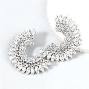 U.S. Fashion C Shape Full Rhinestone Paved Internet Celebrity Choice Party Costume Earrings - White