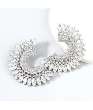 U.S. Fashion C Shape Full Rhinestone Paved Internet Celebrity Choice Party Costume Earrings - White