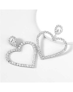 Shining Rhinestone Hollow-out Heart Shape Big Dangle Bold Fashion Earrings - Silver