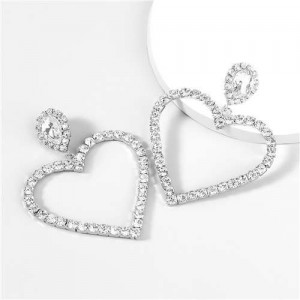 Shining Rhinestone Hollow-out Heart Shape Big Dangle Bold Fashion Earrings - Silver