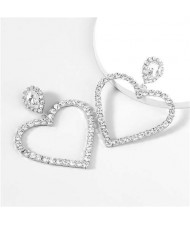Shining Rhinestone Hollow-out Heart Shape Big Dangle Bold Fashion Earrings - Silver