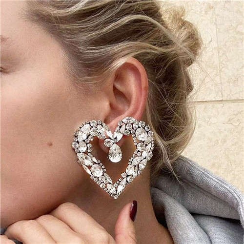 Super Bling Luxury Rhinestone Wholesale Jewelry Bold Fashion Heart Shape Costume Earrings - White